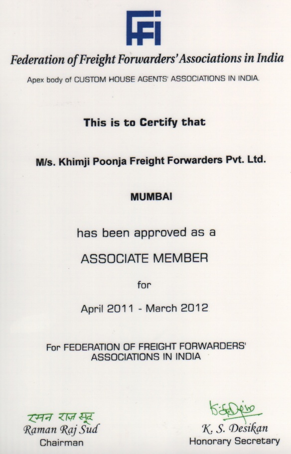 Khimji Poonja Freight Forwarders Pvt Ltd. affiliation with FFFAI